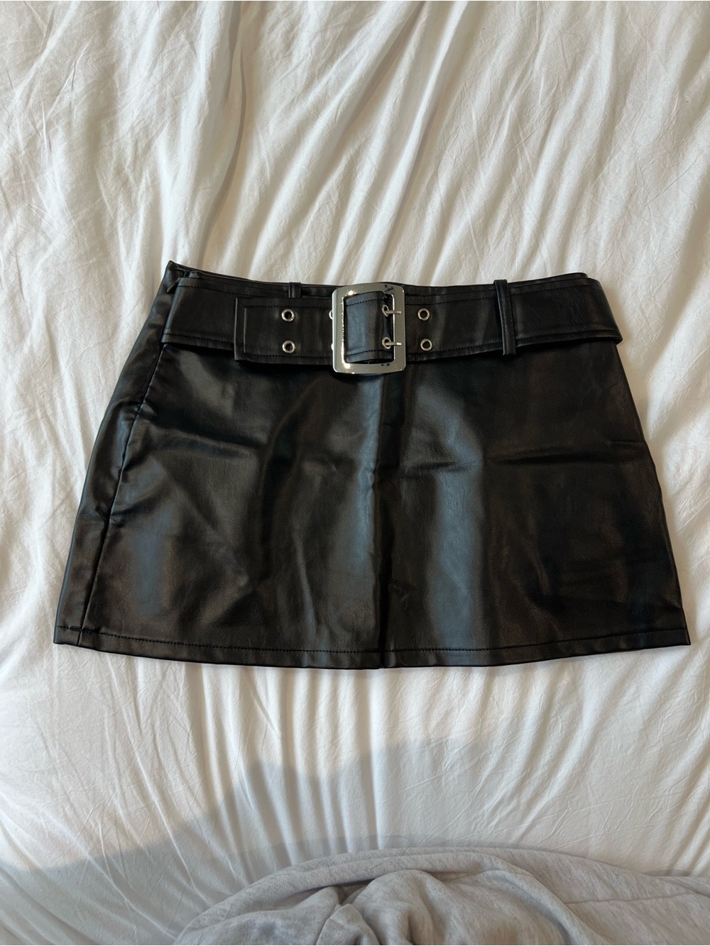 Black Faux Leather Mini Skirt with Belt